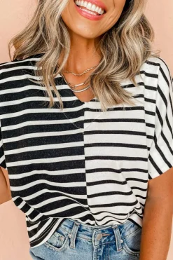 Fashion Dear-Lover Two Tone Colorblock V Neck T Shirt Black Stripe