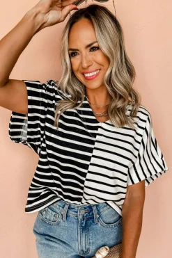 Fashion Dear-Lover Two Tone Colorblock V Neck T Shirt Black Stripe