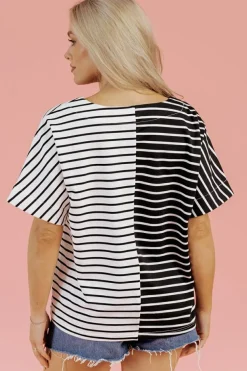 Fashion Dear-Lover Two Tone Colorblock V Neck T Shirt Black Stripe