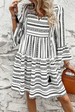Discount Dear-Lover V Neck Bell Sleeve High Waist Mini Dress Black Stripe