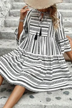 Discount Dear-Lover V Neck Bell Sleeve High Waist Mini Dress Black Stripe