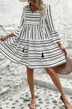 Discount Dear-Lover V Neck Bell Sleeve High Waist Mini Dress Black Stripe