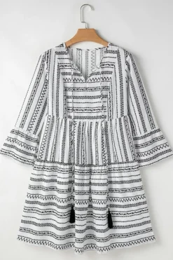 Discount Dear-Lover V Neck Bell Sleeve High Waist Mini Dress Black Stripe