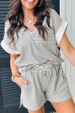 Online Dear-Lover V Neck Tee and Casual Short Set Black Stripe