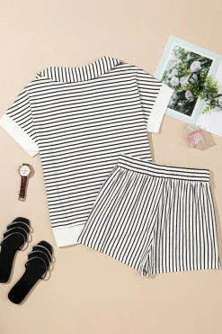 Online Dear-Lover V Neck Tee and Casual Short Set Black Stripe
