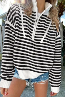 Online Dear-Lover Zip up Collar Drop Shoulder Sweater Black Stripe
