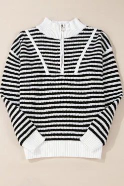 Online Dear-Lover Zip up Collar Drop Shoulder Sweater Black Stripe