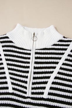 Online Dear-Lover Zip up Collar Drop Shoulder Sweater Black Stripe