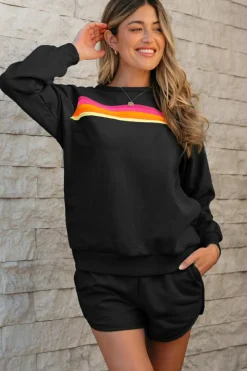 Clearance Dear-Lover Striped Accent Pullover and Shorts Two Piece Casual Set Black