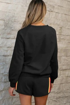 Clearance Dear-Lover Striped Accent Pullover and Shorts Two Piece Casual Set Black
