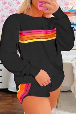 Clearance Dear-Lover Striped Accent Pullover and Shorts Two Piece Casual Set Black