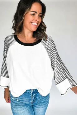 Fashion Dear-Lover Striped Bracelet Sleeve Raglan Patchwork Top Black