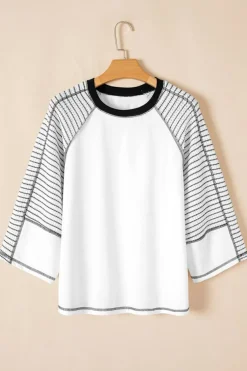 Fashion Dear-Lover Striped Bracelet Sleeve Raglan Patchwork Top Black