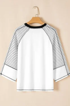 Fashion Dear-Lover Striped Bracelet Sleeve Raglan Patchwork Top Black