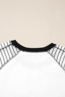Fashion Dear-Lover Striped Bracelet Sleeve Raglan Patchwork Top Black