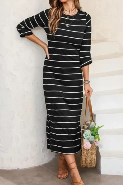 Discount Dear-Lover Striped Casual Slit Long Dress Black