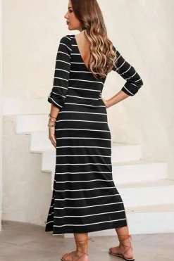 Discount Dear-Lover Striped Casual Slit Long Dress Black