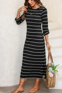 Discount Dear-Lover Striped Casual Slit Long Dress Black