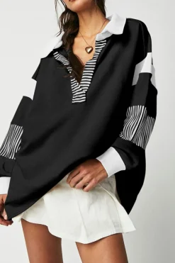 Hot Dear-Lover Striped Colorblock Patchwork Collar Sweatshirt Black
