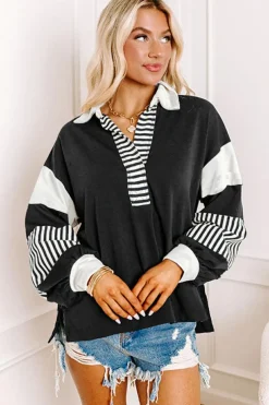 Hot Dear-Lover Striped Colorblock Patchwork Collar Sweatshirt Black