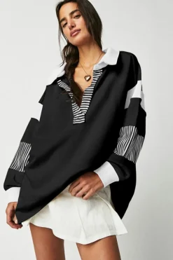 Hot Dear-Lover Striped Colorblock Patchwork Collar Sweatshirt Black