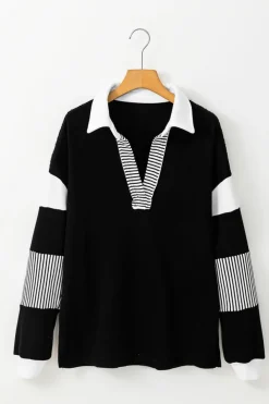 Hot Dear-Lover Striped Colorblock Patchwork Collar Sweatshirt Black