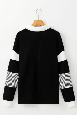Hot Dear-Lover Striped Colorblock Patchwork Collar Sweatshirt Black