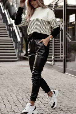 Online Dear-Lover Striped Contrast Colorblock Knit Top Black