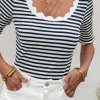 Discount Dear-Lover Striped Contrast Scallop Trim Half Sleeve T-shirt Black