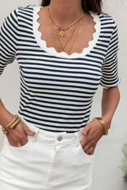 Discount Dear-Lover Striped Contrast Scallop Trim Half Sleeve T-shirt Black