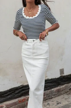 Discount Dear-Lover Striped Contrast Scallop Trim Half Sleeve T-shirt Black