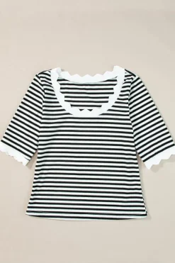 Discount Dear-Lover Striped Contrast Scallop Trim Half Sleeve T-shirt Black