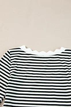 Discount Dear-Lover Striped Contrast Scallop Trim Half Sleeve T-shirt Black