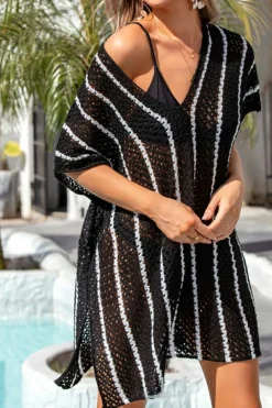 Best Dear-Lover Striped Crochet Loose Fit V Neck Beach Cover Up Black