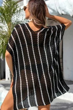 Best Dear-Lover Striped Crochet Loose Fit V Neck Beach Cover Up Black