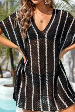 Best Dear-Lover Striped Crochet Loose Fit V Neck Beach Cover Up Black