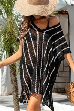 Best Dear-Lover Striped Crochet Loose Fit V Neck Beach Cover Up Black