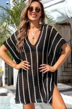 Best Dear-Lover Striped Crochet Loose Fit V Neck Beach Cover Up Black