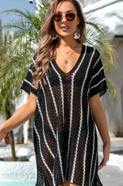 Best Dear-Lover Striped Crochet Loose Fit V Neck Beach Cover Up Black