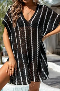 Best Dear-Lover Striped Crochet Loose Fit V Neck Beach Cover Up Black