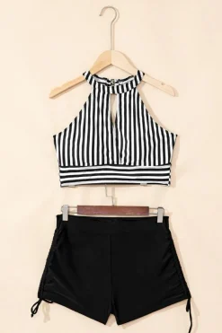 New Dear-Lover Striped Halter Top Drawstring Ruched High Waisted Bikini Black