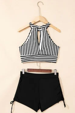 New Dear-Lover Striped Halter Top Drawstring Ruched High Waisted Bikini Black