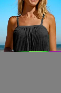 Sale Dear-Lover Striped Mesh Knotted Hem Tankini Swimsuit Black