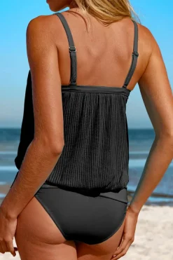Sale Dear-Lover Striped Mesh Knotted Hem Tankini Swimsuit Black