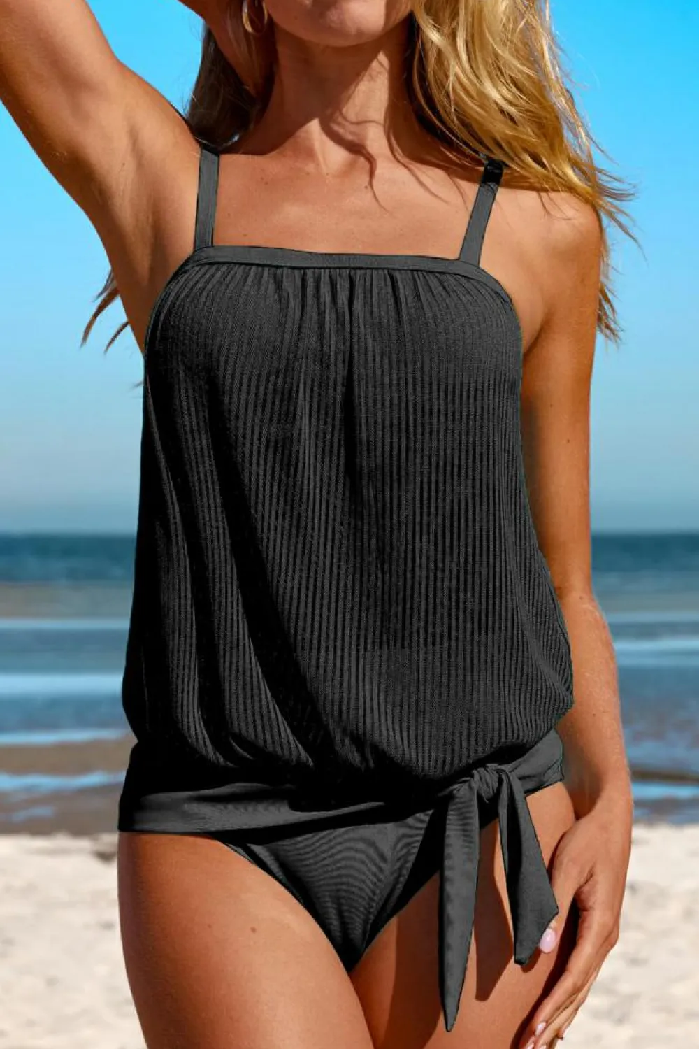 Sale Dear-Lover Striped Mesh Knotted Hem Tankini Swimsuit Black