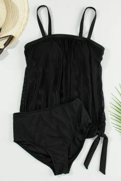 Sale Dear-Lover Striped Mesh Knotted Hem Tankini Swimsuit Black
