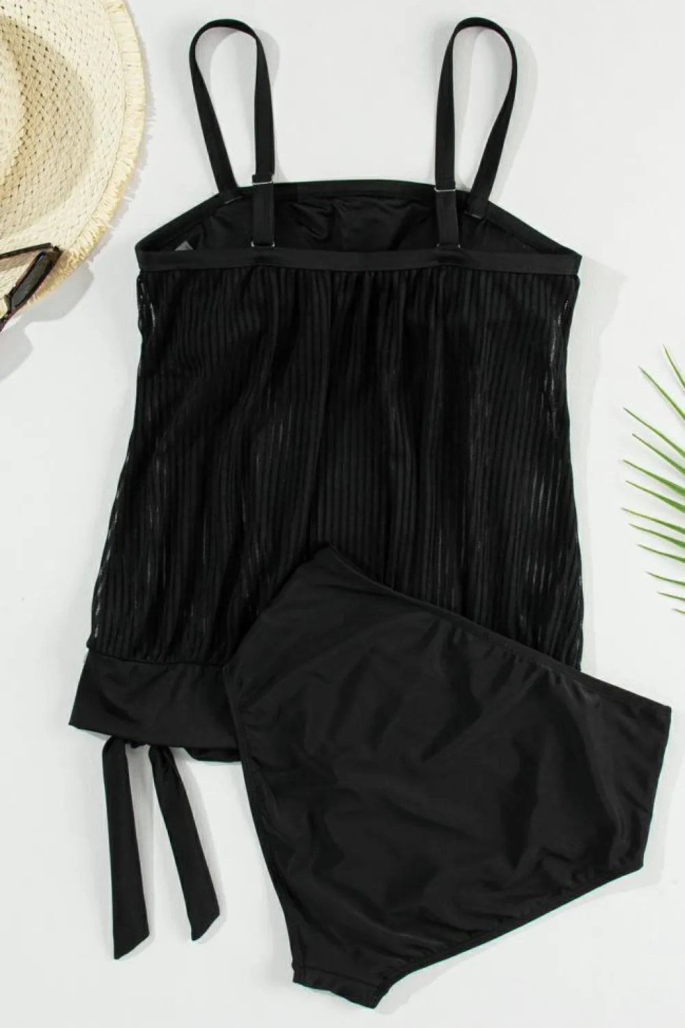 Sale Dear-Lover Striped Mesh Knotted Hem Tankini Swimsuit Black