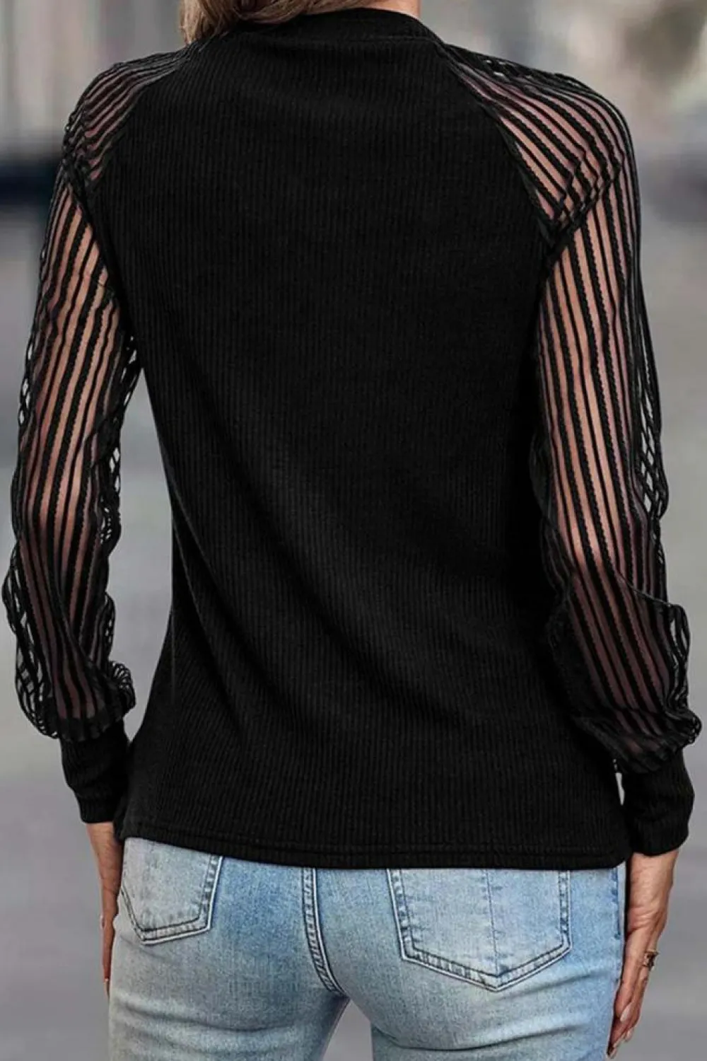 Sale Dear-Lover Striped Mesh Long Sleeve Crewneck Ribbed Top Black