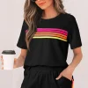 Clearance Dear-Lover Striped Patch Front Casual Tee Black