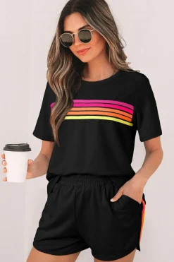 Clearance Dear-Lover Striped Patch Front Casual Tee Black